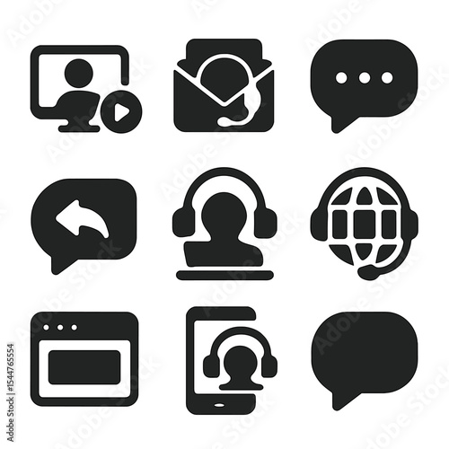 Customer Service Icons. Solid, filled icons set of online customer service: video chat, support email, text