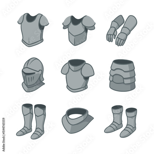Isometric Armor Icons. Isometric Flat icon set of armor piece types: chestplate, pauldrons, vambraces, greaves, helmet, gauntlets,