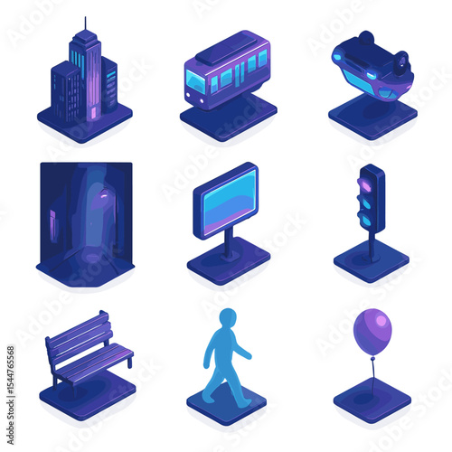 Dreamlike Urban Icon Set. Isometric Flat icon set of dreamlike urban landscapes: neon skyscraper, floating tram, upside-down car,
