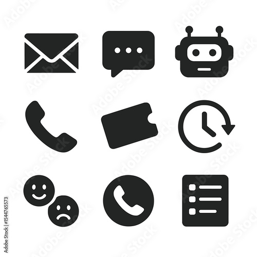 Customer Communication Icons. Solid, filled icons set of customer communication channels: email envelope, live