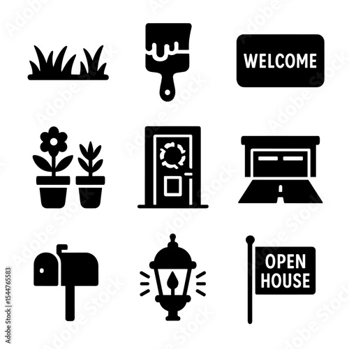Curb Appeal Icons. Solid, filled icons set of curb appeal enhancements: trimmed lawn, fresh paint icon,