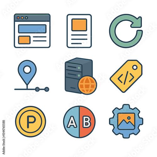 Dynamic Content Delivery Icons. Isometric Flat icon set of Dynamic Content Delivery: webpage layout, content block, refresh icon,