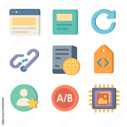 Dynamic Content Delivery Icons. Isometric Flat icon set of Dynamic Content Delivery: webpage layout, content block, refresh icon,
