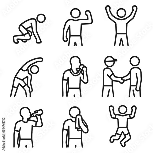 Athlete Gesture Icons. Outline icon set of athlete gestures: starting crouch, arm pump, victory pose, cool-down stretch, medal