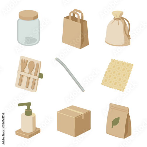 Eco-Friendly Packaging Icons. Isometric Flat icon set of eco-friendly grocery packaging: glass jar, paper bag, cloth produce bag,