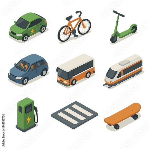 Eco Transportation Icons. Isometric Flat icon set of eco-friendly transportation: electric car, bicycle, electric scooter, carpool