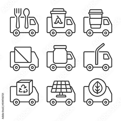 Eco-Friendly Trucks Icons. Outline icon set of eco-friendly and zero-waste trucks: bamboo utensils, compost bin, reusable cup,