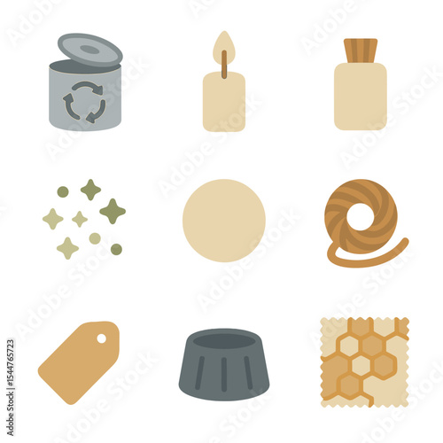 Eco-Friendly Material Icons. Flat icon set of eco-friendly materials: recycled tin, natural cotton wick, wooden wick,