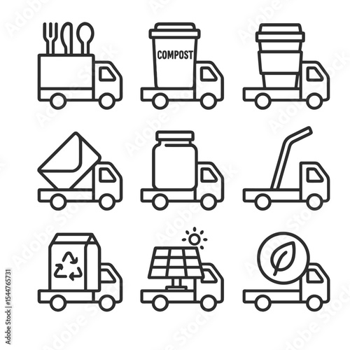 Eco-Friendly Trucks Icons. Outline icon set of eco-friendly and zero-waste trucks: bamboo utensils, compost bin, reusable cup,