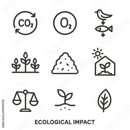 Eco Icons Set. Outline icon set of ecological impact: carbon cycle, oxygen icon, food web arrow, plant community, biomass icon,