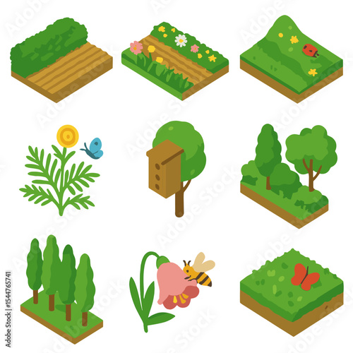 Ecological Engineering Icons. Isometric Flat icon set of ecological engineering practices in IPM: hedgerow, flowering strip,