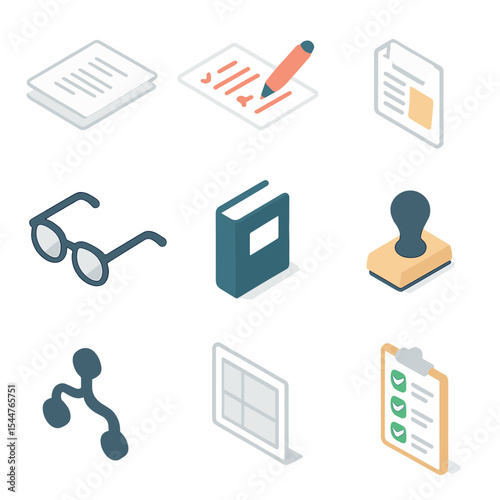 Editorial Workflow Icons. Isometric Flat icon set of editorial workflow steps: draft document, red pen edit marks, revision note,