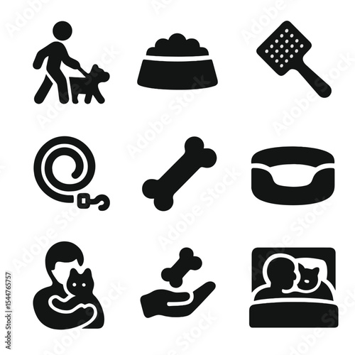 Daily Pet Icons. Solid, filled icons set of daily pet routine: morning walk, food bowl, pet brush, leash, toy icon, cozy bed, pet hug, treat icon, bedtime cuddle.