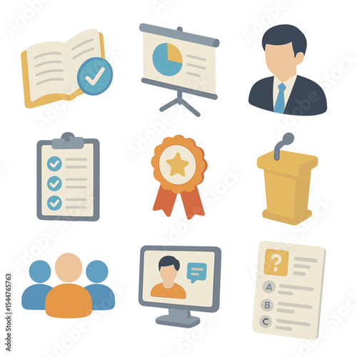 Audit Training Icons. Isometric Flat icon set of internal audit and training: training manual, presentation screen, auditor avatar