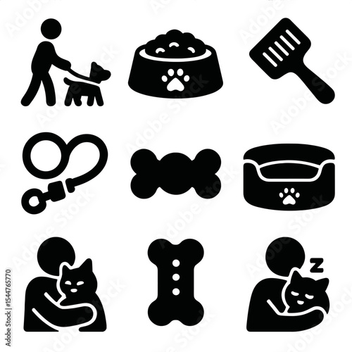 Daily Pet Icons. Solid, filled icons set of daily pet routine: morning walk, food bowl, pet brush, leash, toy icon, cozy bed, pet hug, treat icon, bedtime cuddle.