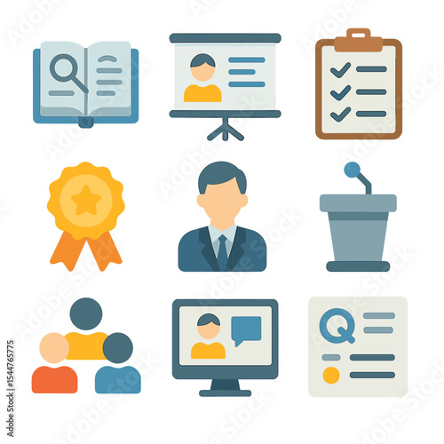 Audit Training Icons. Isometric Flat icon set of internal audit and training: training manual, presentation screen, auditor avatar
