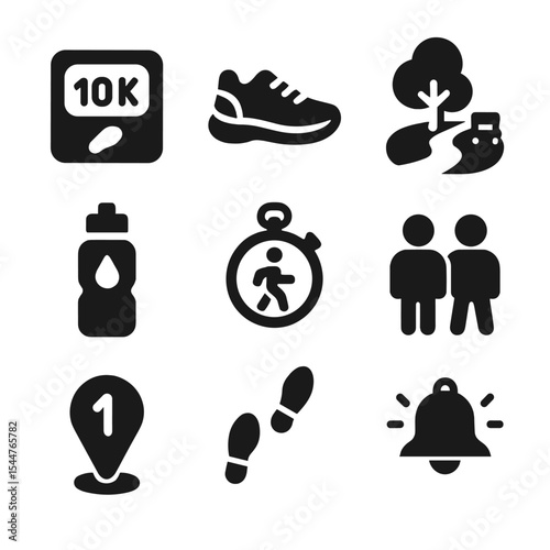 Daily Walking Icons. Solid, filled icons set of daily walking challenges: step counter, walking shoe, park