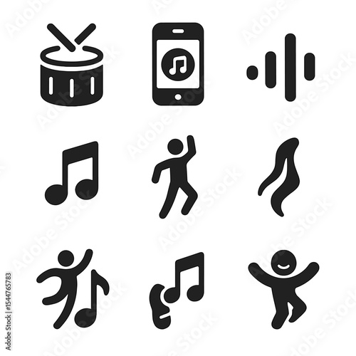 Dance and Music Icons. Solid, filled icons set of dance and music connection: drum beat, upbeat playlist, rhythm waves, musical note, dancer pose, flowing movement, music and movement, 