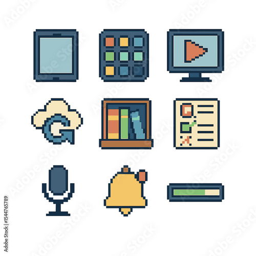 Educational App Icons. Pixel art icon set of educational apps and tools: tablet device, app icon grid, video tutorial play button,