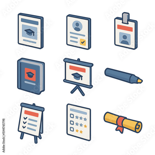Educational Workshop Icons. Isometric Flat icon set of sponsored educational workshops: workshop poster, registration form, name