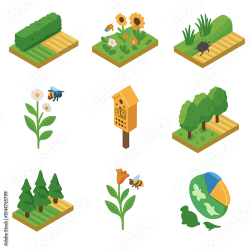 Ecological Engineering Icons. Isometric Flat icon set of ecological engineering practices in IPM: hedgerow, flowering strip,