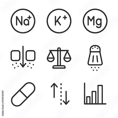 Electrolyte Icon Set. Outline icon set of electrolyte imbalance: sodium ion, potassium ion, magnesium ion, calcium ion, ion