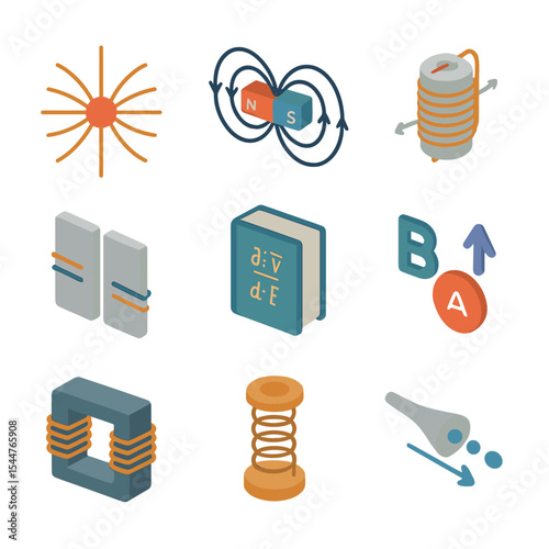 Electromagnetism Icon Grid. Isometric Flat icon set of electromagnetism phenomena: electric field lines, magnetic dipole, solenoid