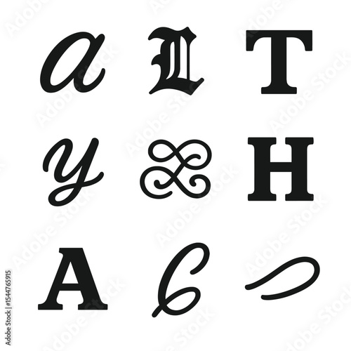 Decorative Lettering Styles. Solid, filled icons set of decorative lettering styles: cursive script, gothic