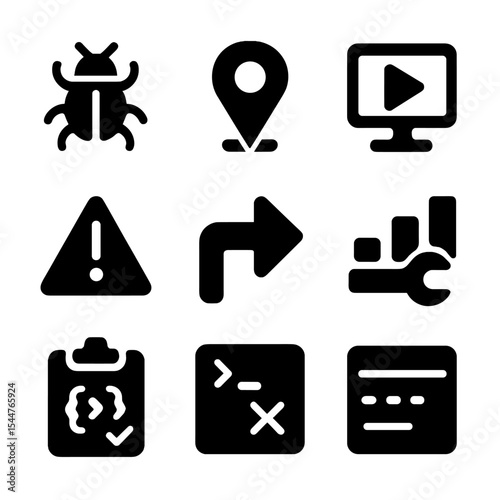 Debugging Icons Grid. Solid, filled icons set of code debugging and testing: bug icon, breakpoint marker, run