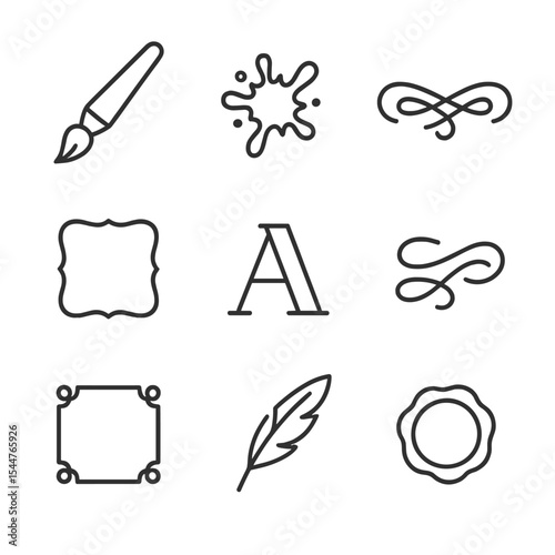 Elegant Calligraphy Icons. Outline icon set of calligraphy quote designs: brush pen, ink splatter, ornate flourish, decorative