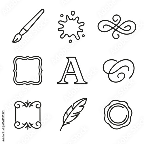 Elegant Calligraphy Icons. Outline icon set of calligraphy quote designs: brush pen, ink splatter, ornate flourish, decorative