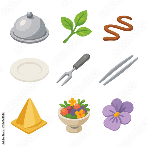 Elegant Culinary Icons. Isometric Flat icon set of plating and presentation: serving platter, garnish sprig, sauce drizzle, fine