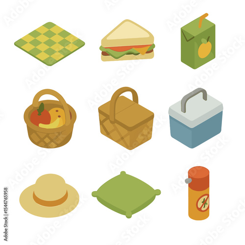 Backyard Picnic Icons. Isometric Flat icon set of siblings on backyard picnic: picnic blanket, sandwich, juice box, fruit basket,