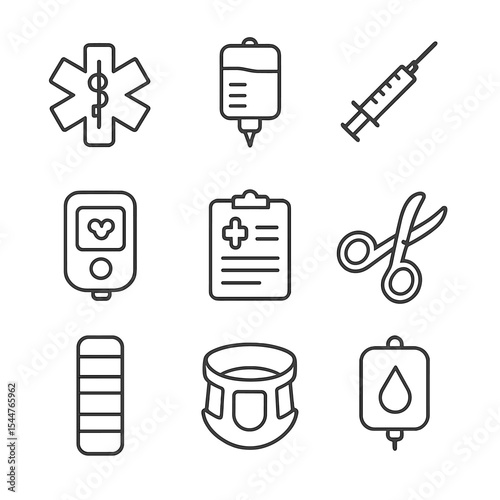 Emergency Medical Icons. Outline icon set of emergency medical response: paramedic patch, IV drip, syringe, pulse oximeter,