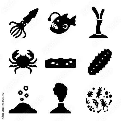 Deep Sea Icons. Solid, filled icons set of deep sea ecosystems: giant squid, anglerfish, tube worm, deep-sea