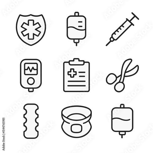 Emergency Medical Icons. Outline icon set of emergency medical response: paramedic patch, IV drip, syringe, pulse oximeter,