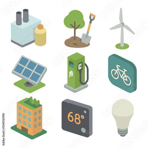 Emissions Mitigation Technologies Icons. Isometric Flat icon set of emissions mitigation technologies: carbon capture unit, tree