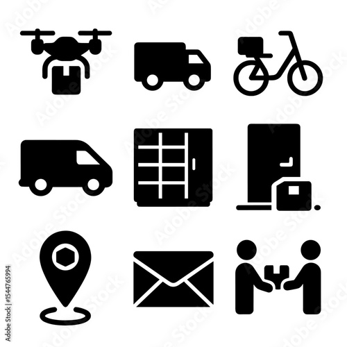 Delivery Methods Icons. Solid, filled icons set of delivery methods: drone delivery, truck, bike, van, locker