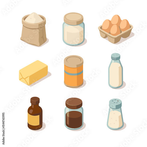 Baking Ingredients Icons. Isometric Flat icon set of cupcake baking ingredients: flour bag, sugar jar, eggs carton, butter stick,