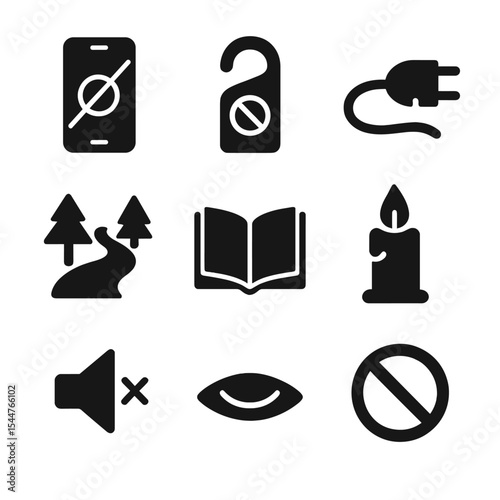 Digital Detox Icons. Solid, filled icons set of digital detox time: phone off icon, do not disturb sign,
