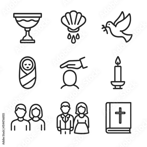 Baptism Ceremony Icons. Outline icon set of baptism ceremony: baptismal font, water shell, dove, infant swaddled, priest hand,