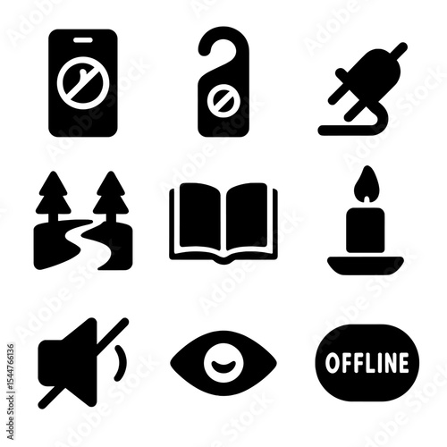 Digital Detox Icons. Solid, filled icons set of digital detox time: phone off icon, do not disturb sign,