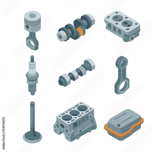Engine Components Icons. Isometric Flat icon set of Internal Combustion Engine Components: piston, crankshaft, cylinder head,