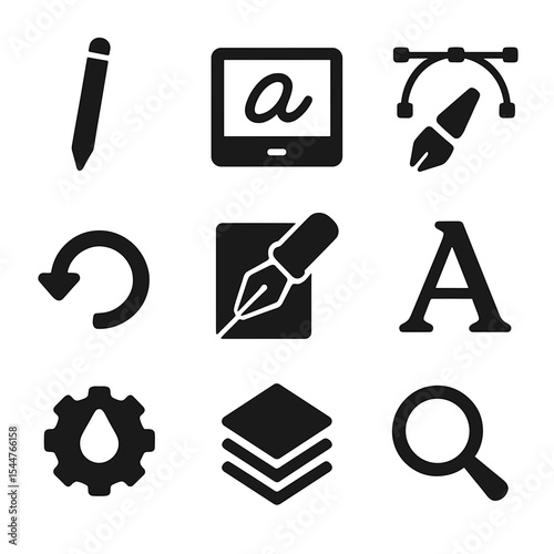 Digital Calligraphy Icons. Solid, filled icons set of digital calligraphy and lettering: stylus pen, digital