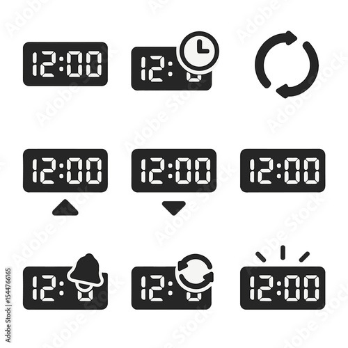 Digital Clock Icons. Solid, filled icons set of digital clock reset: clock display, time setting, reset button
