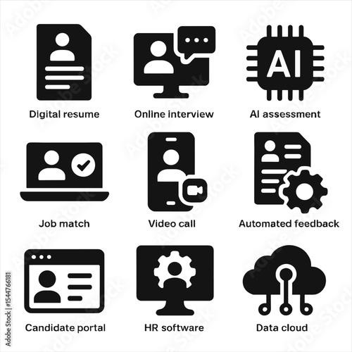 Digital Hiring Icons. Solid, filled icons set of digital hiring process: digital resume, online interview, AI assessment, job match, video call, 