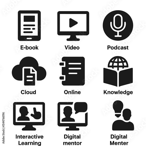 Digital Learning Icons. Solid, filled icons set of digital knowledge tools: e-book reader, video course, podcast app, webinar software, document cloud, online notes, knowledge wiki, 