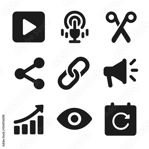 Digital Media Icons Grid. Solid, filled icons set of digital media highlights: video play, podcast wave, audio