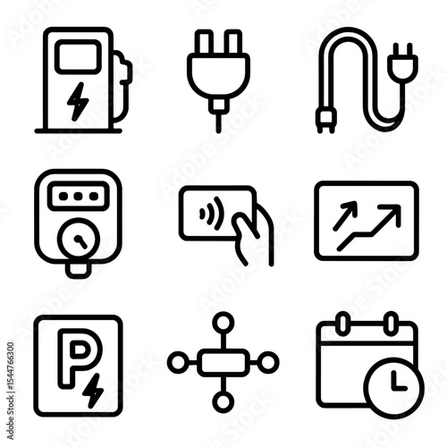 EV Charging Icons. Outline icon set of electric vehicle charging network: charging station, connector plug, charging cable,