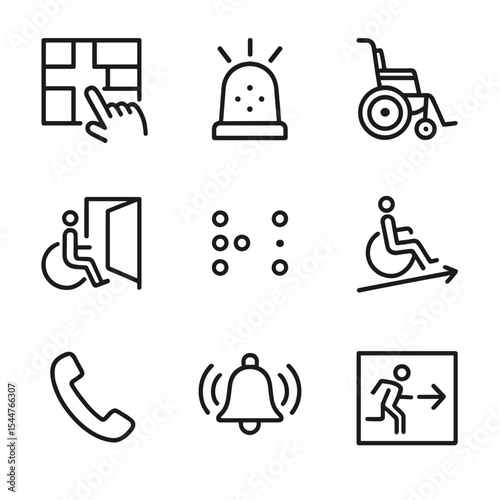 Evacuation Accessibility Icons. Outline icon set of emergency evacuation accessibility: tactile evacuation map, visual alarm